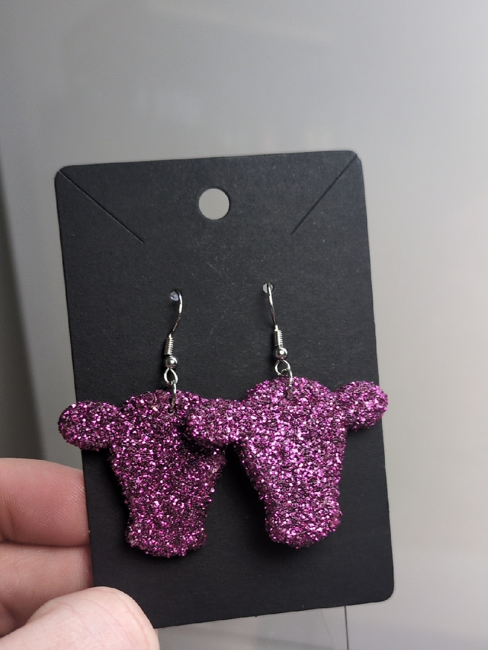 Glitter Cow Head Dangle Earrings - Pink Purple